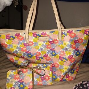 Coach Floral Tote and Wallet Set - Pink, Blue, Yellow
